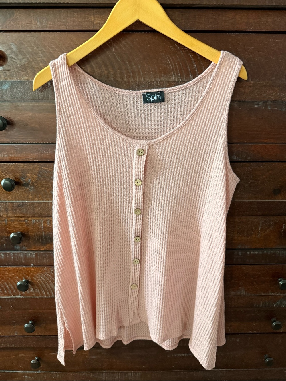 Spin USA Pink Waffle-Knit faux Button Front Tank Top